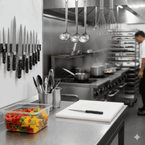 Smallwares in Restaurant Kitchen